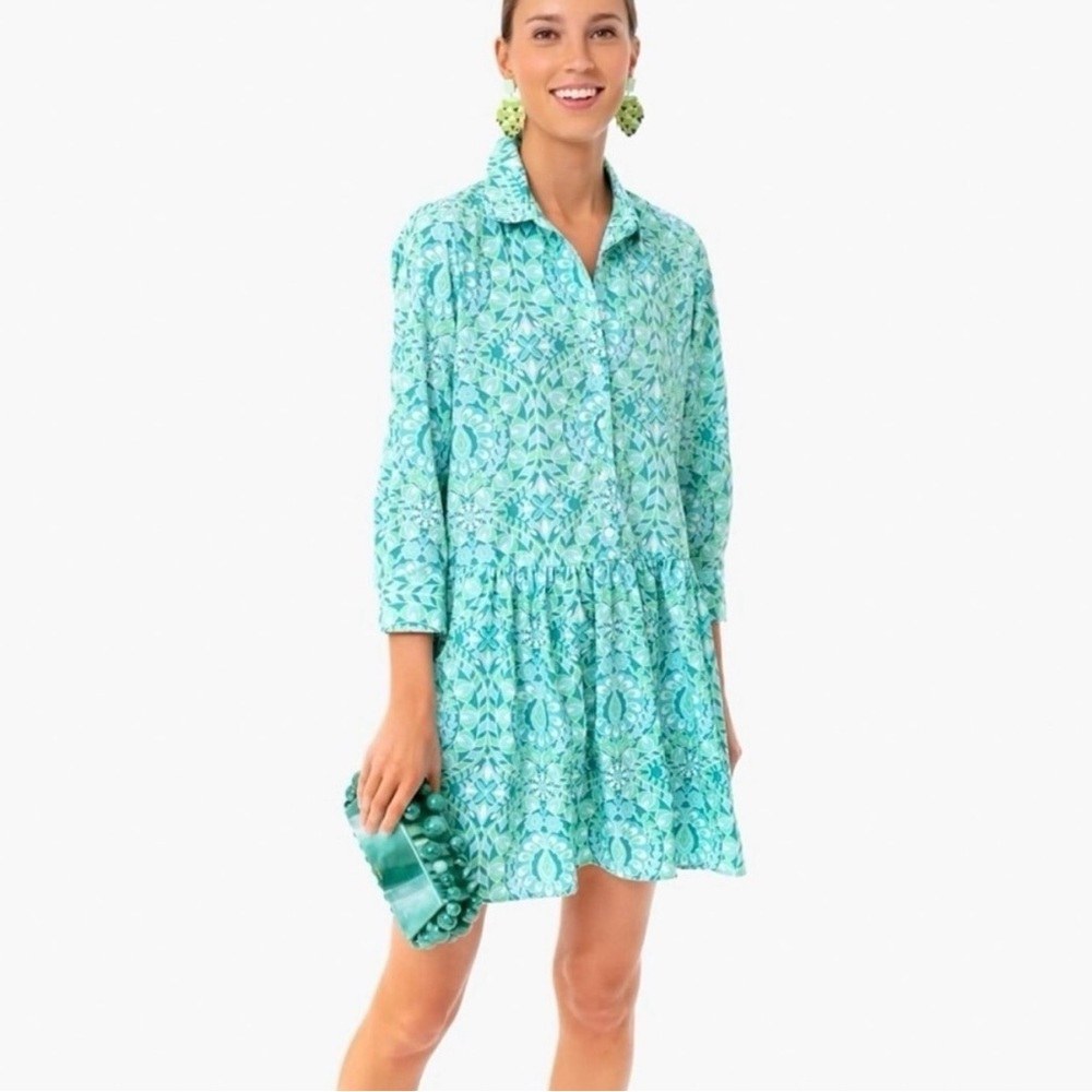 TUCKERNUCK Aqua Blue Green Tile Printed 3/4 Sleeves Mykonos Hayes Shirt Dress S